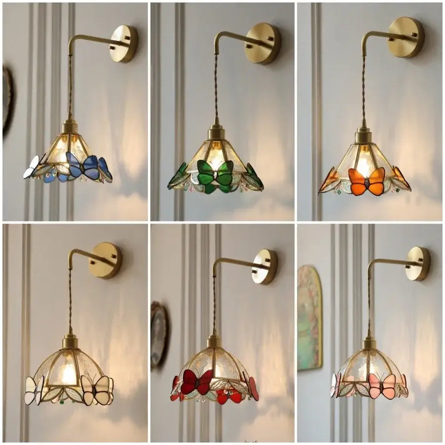 Tiffany butterfly glass wall lamp bedroom brass red led light