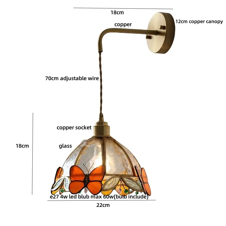 Tiffany butterfly glass wall lamp bedroom brass red led light