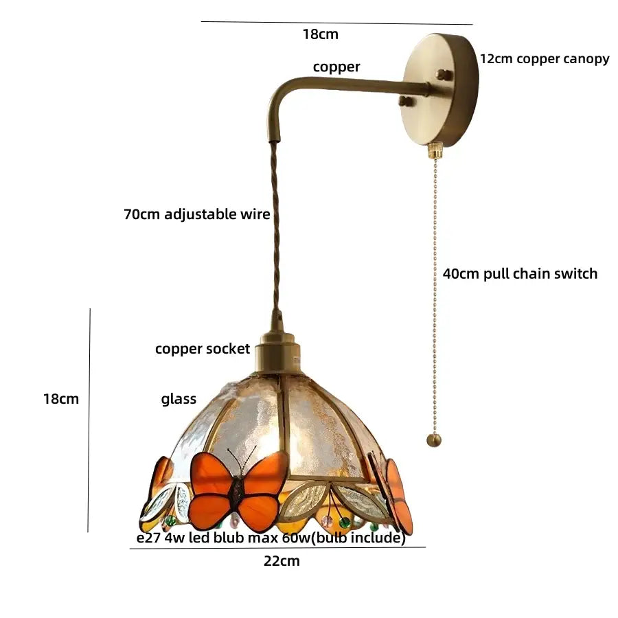Tiffany butterfly glass wall lamp bedroom brass red led light