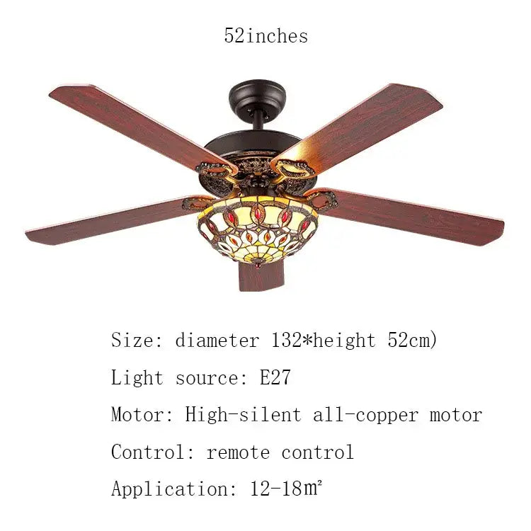 Tiffany stained glass brown wood ceiling fan light living room