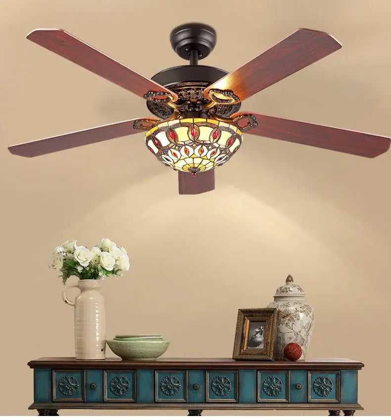 Tiffany stained glass brown wood ceiling fan light living room