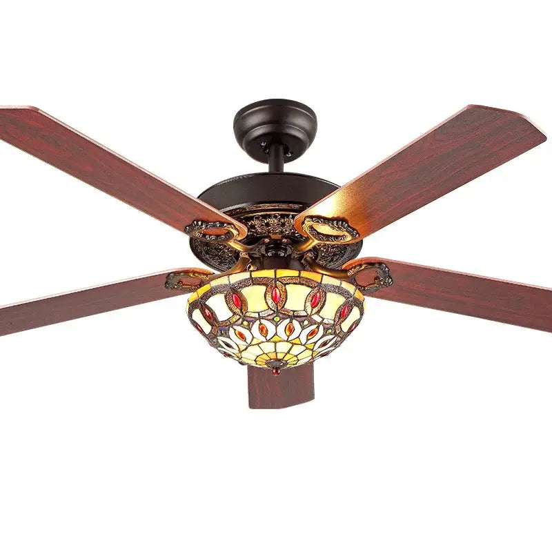 Tiffany stained glass brown wood ceiling fan light living room