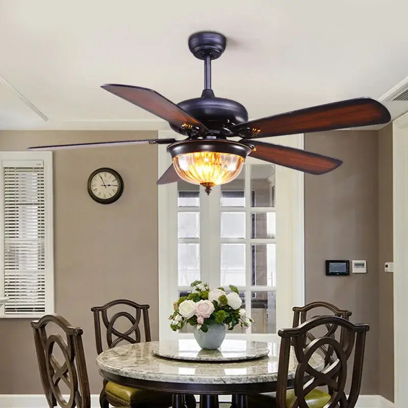 Tiffany stained glass brown wood ceiling fan light living room
