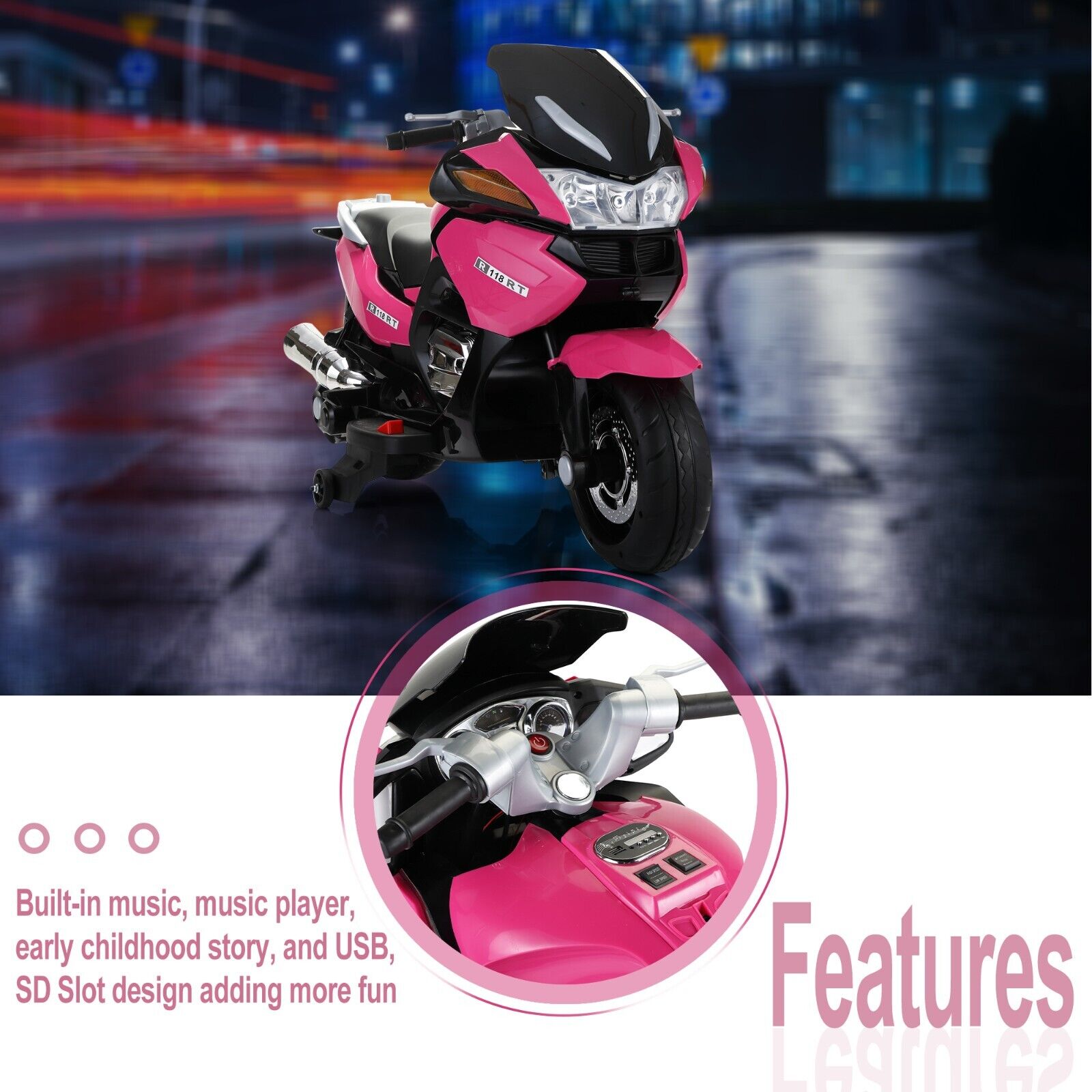 TOBBI 12V Electric Motorcycle for Kids with Training Wheels - Battery Powered Ride-On Toy