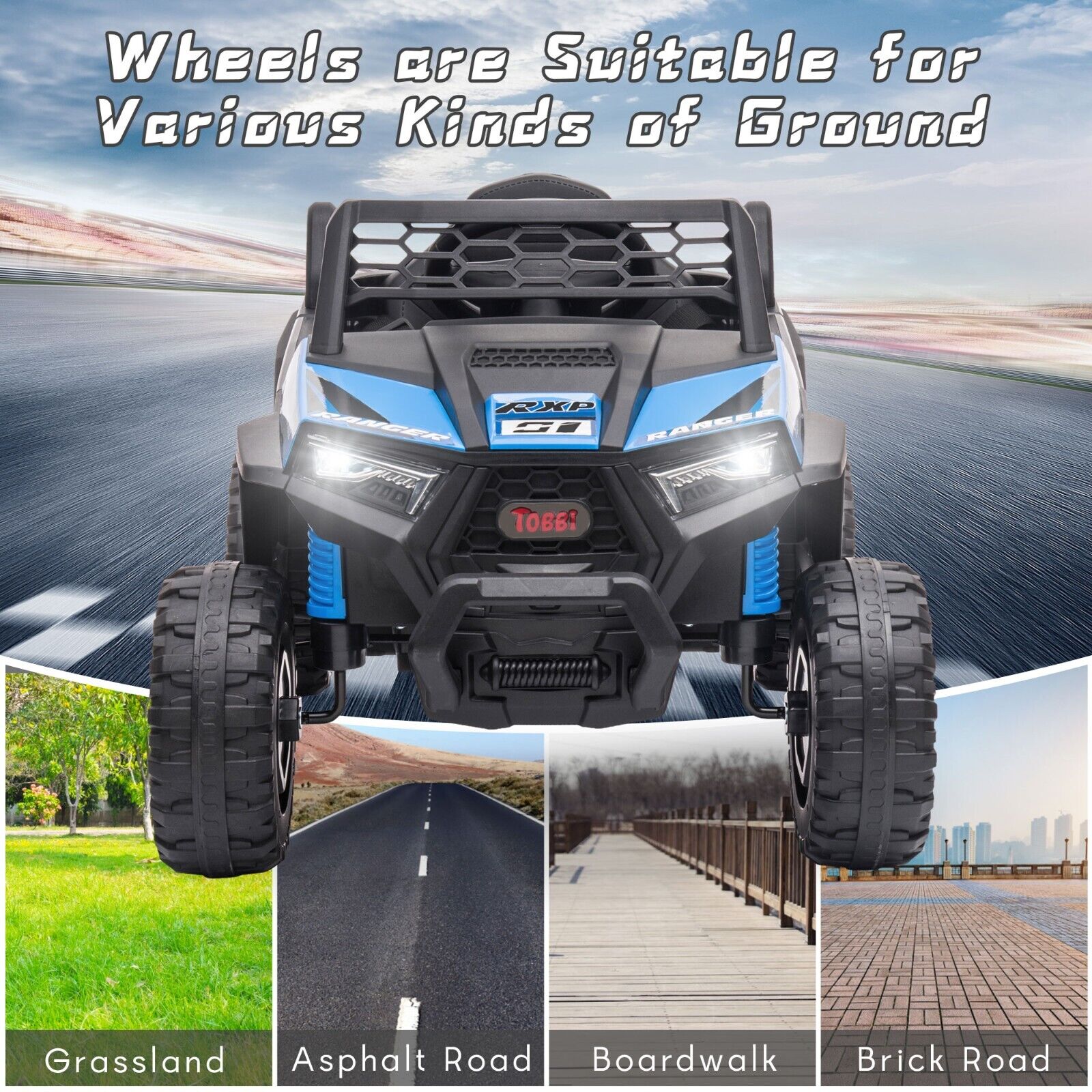 TOBBI 12V Electric Off-Road UTV Truck for Kids with Headlights, Music, and Horn