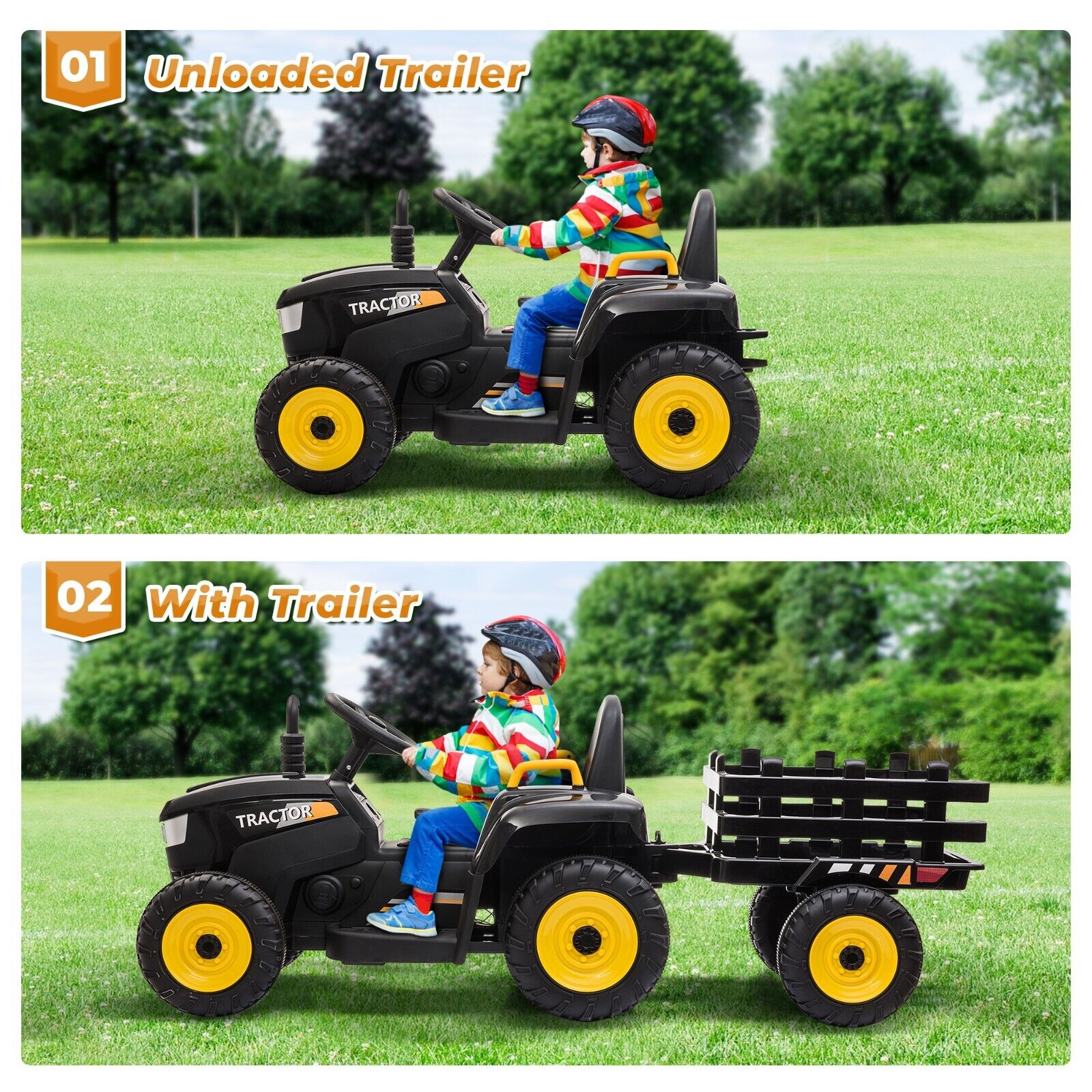 TOBBI 12V Electric Tractor Ride-On Toy with Trailer for Kids - Battery Powered Vehicle