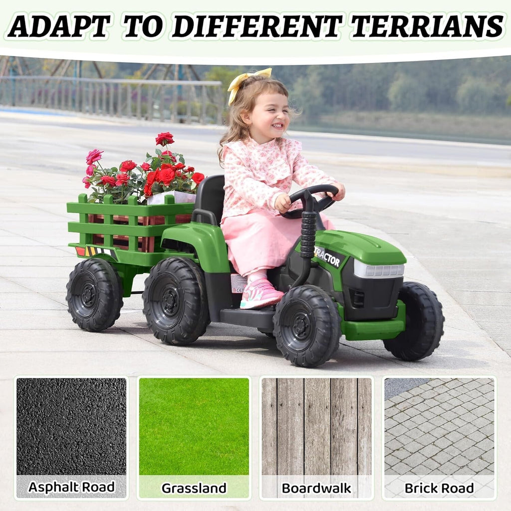 12V Battery-Powered Kids Ride-On Tractor Toy with Trailer and 35W Dual Motors