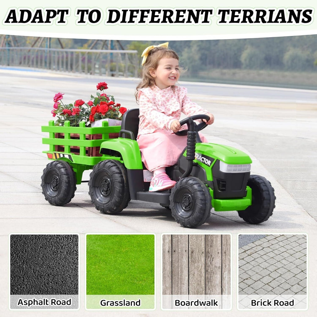 12V Battery-Powered Ride-On Tractor Toy with Trailer for Toddlers