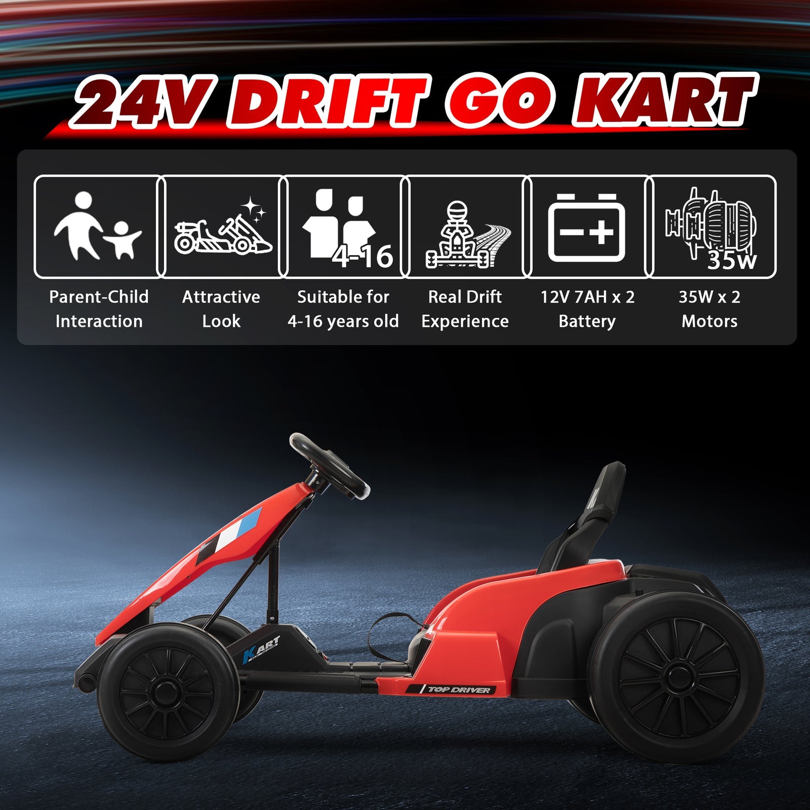 24V Electric Ride-On Go-Kart Toy Vehicle for Kids Ages 4-16