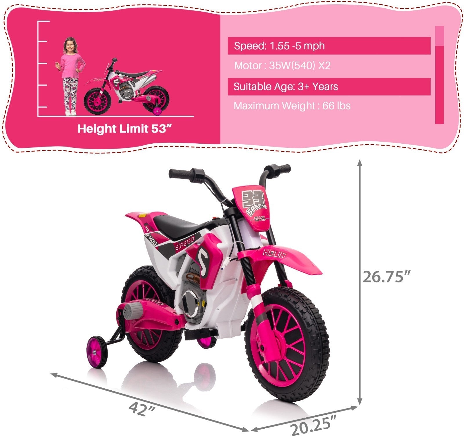 Electric 12V Kids Ride-On Dirt Bike Motorcycle with Training Wheels and 2 Speeds