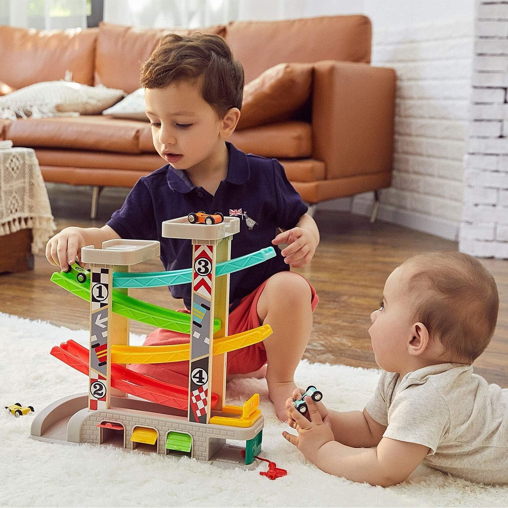 Toddler Race Track Set with Four Cars Promotes Cooperative Play and Learning