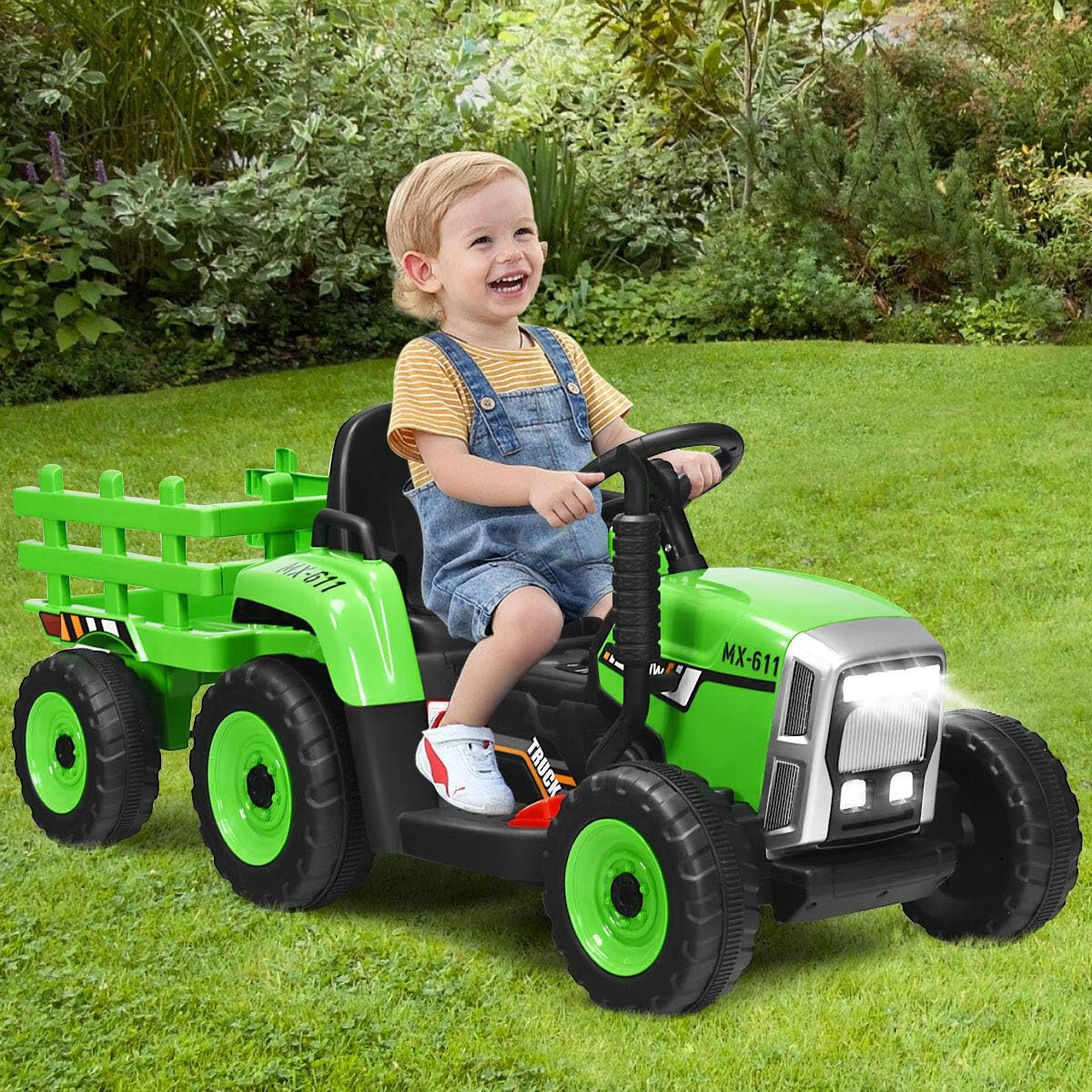 12V Kids' Electric Tractor with Detachable Trailer, USB Charging, 7 LED Lights, Remote Control