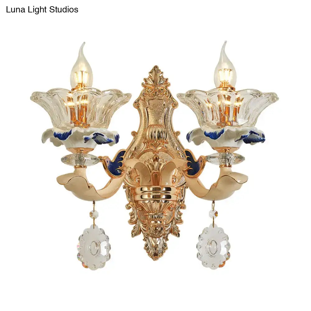Traditional brass crystal flower wall sconce light living room bird