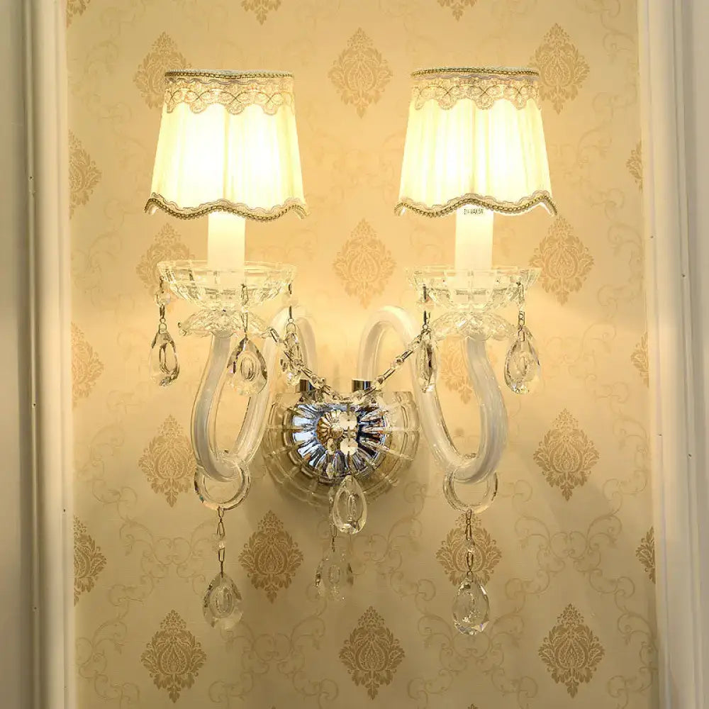Traditional gold crystal candle wall lamp for bedroom with lace shade