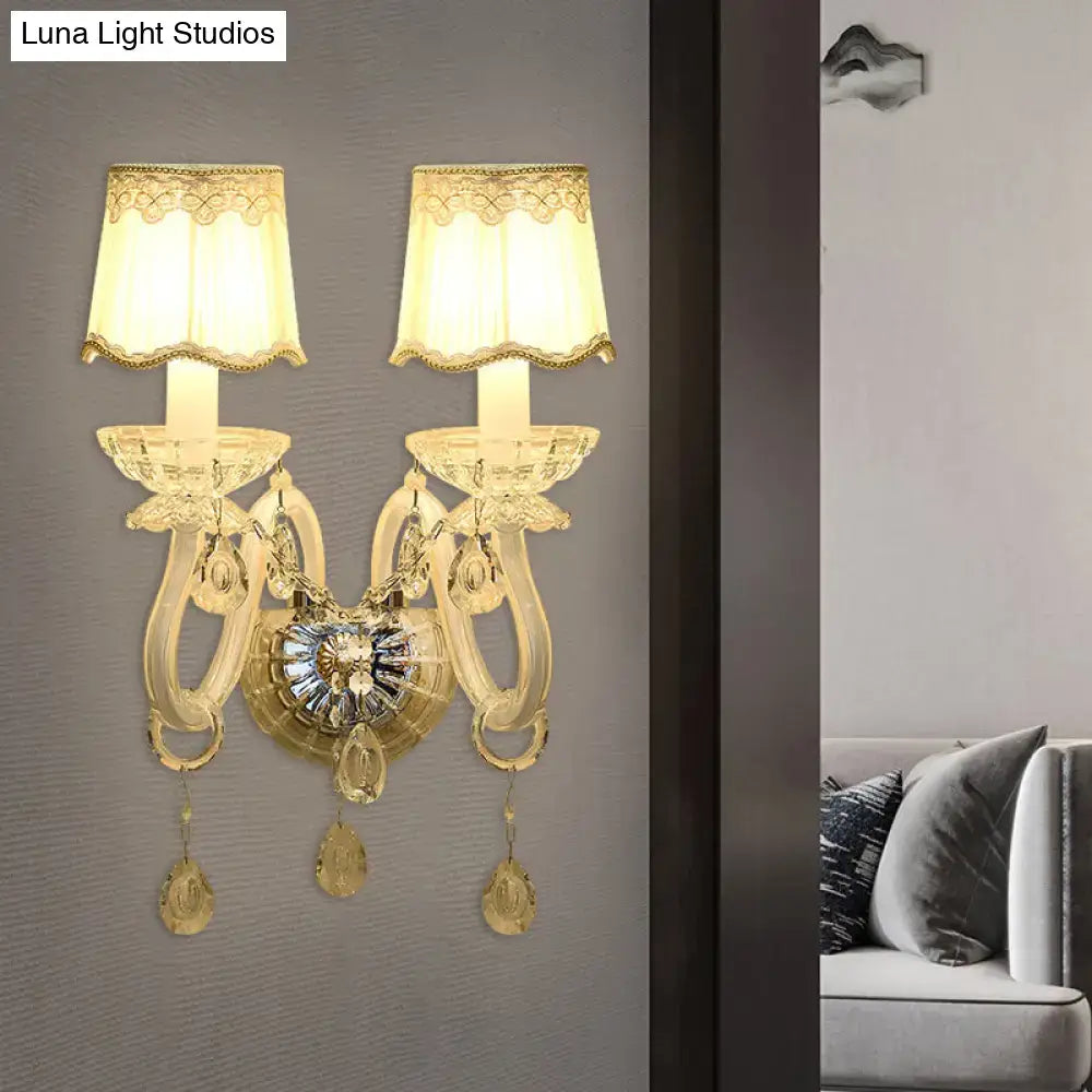 Traditional gold crystal candle wall lamp for bedroom with lace shade