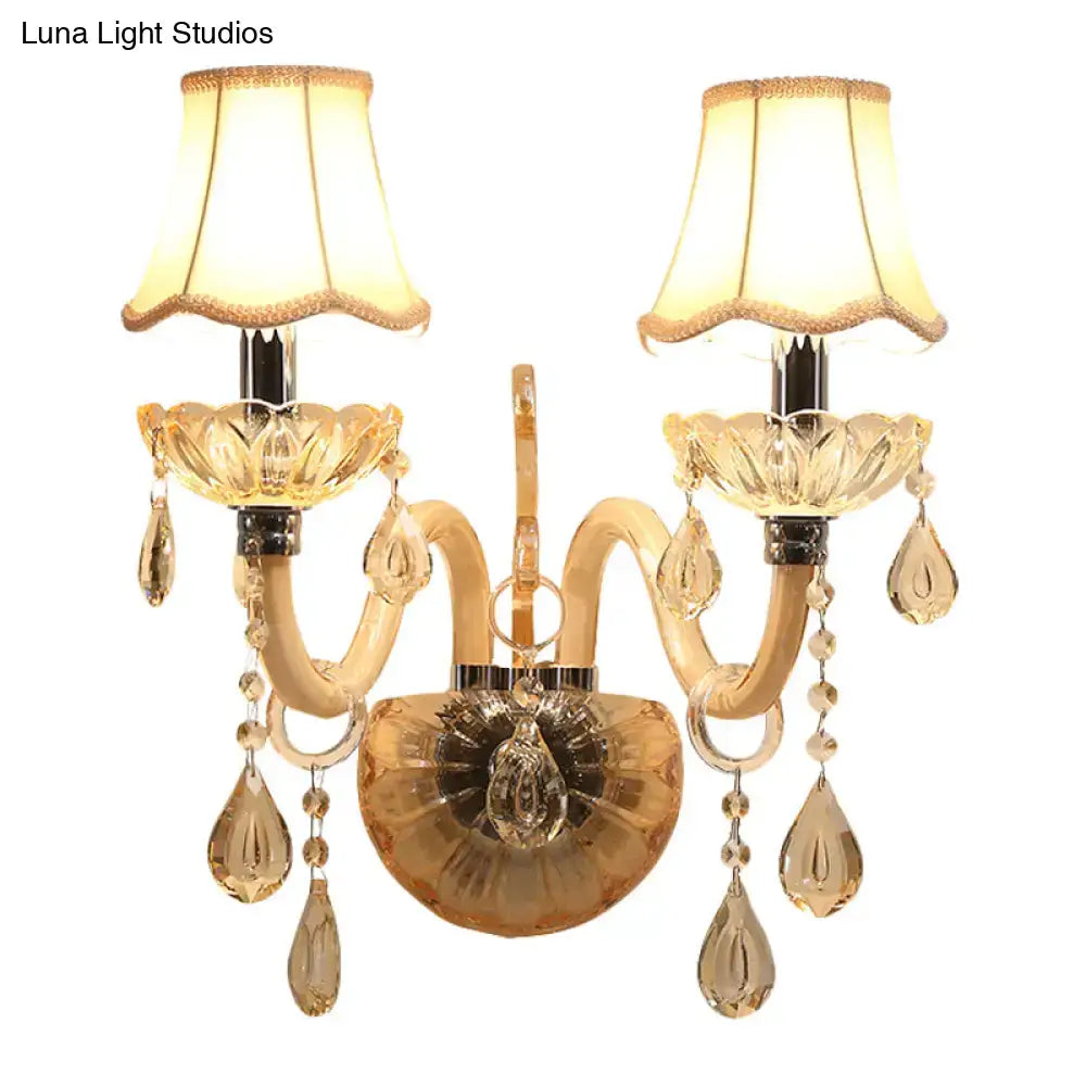 Traditional gold crystal wall sconce with fabric shade bedroom light