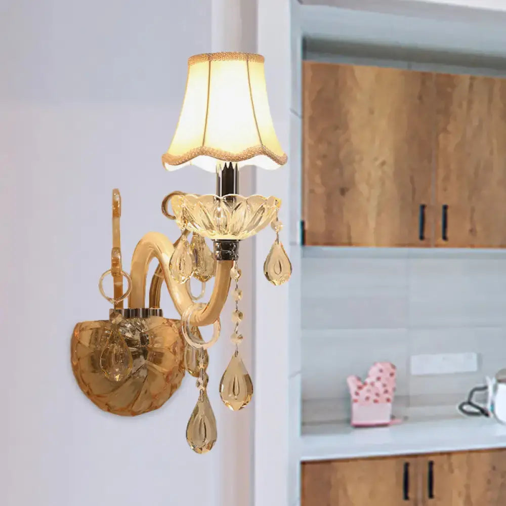 Traditional gold crystal wall sconce with fabric shade bedroom light