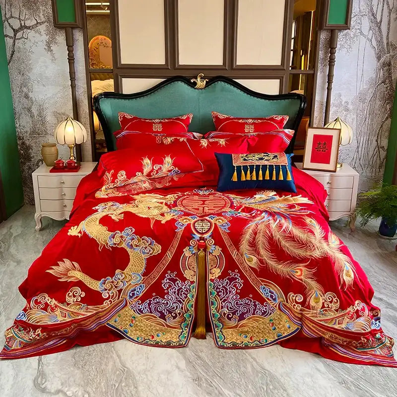 Traditional red & gold loong wedding bedding set bedroom decor
