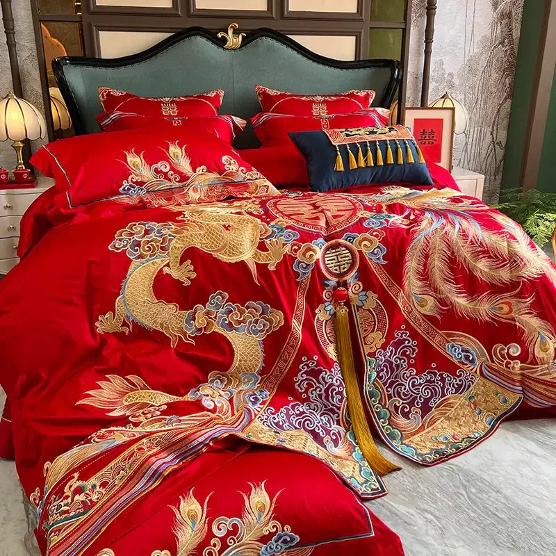 Traditional red & gold loong wedding bedding set bedroom decor