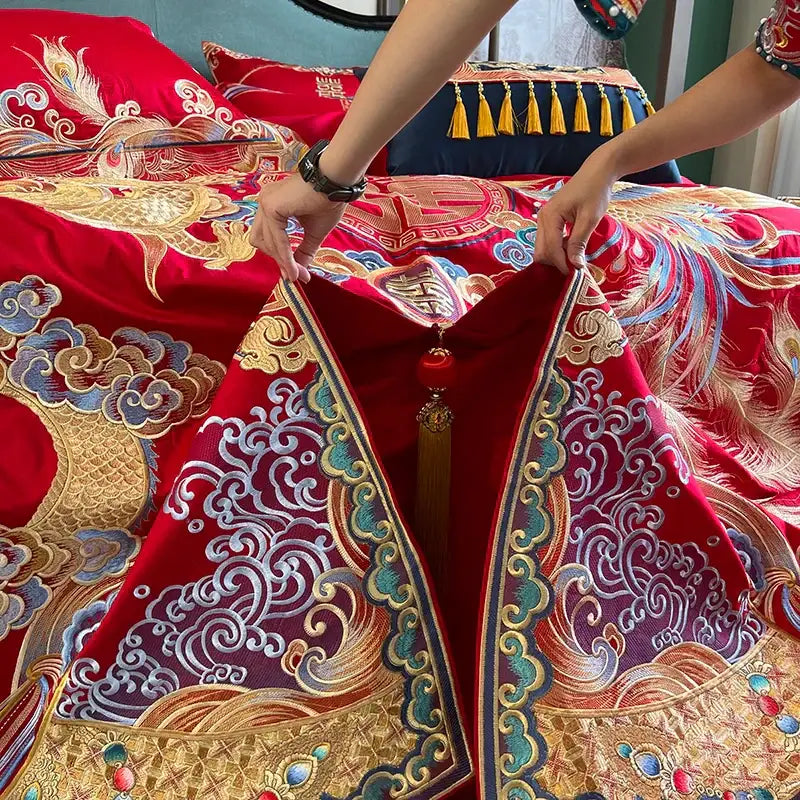 Traditional red & gold loong wedding bedding set bedroom decor