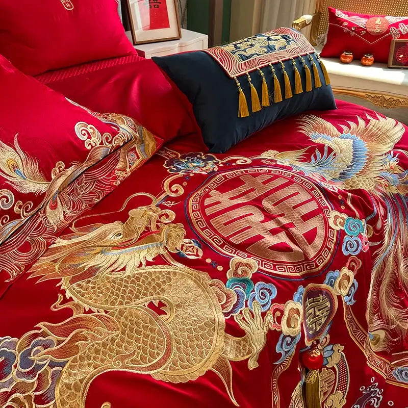 Traditional red & gold loong wedding bedding set bedroom decor