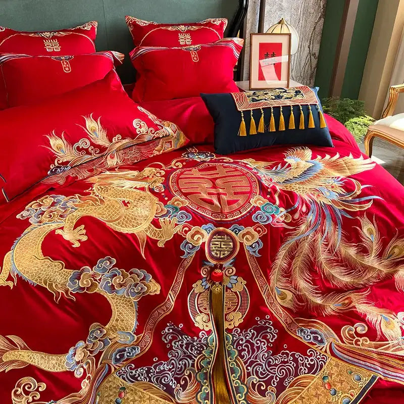 Traditional red & gold loong wedding bedding set bedroom decor