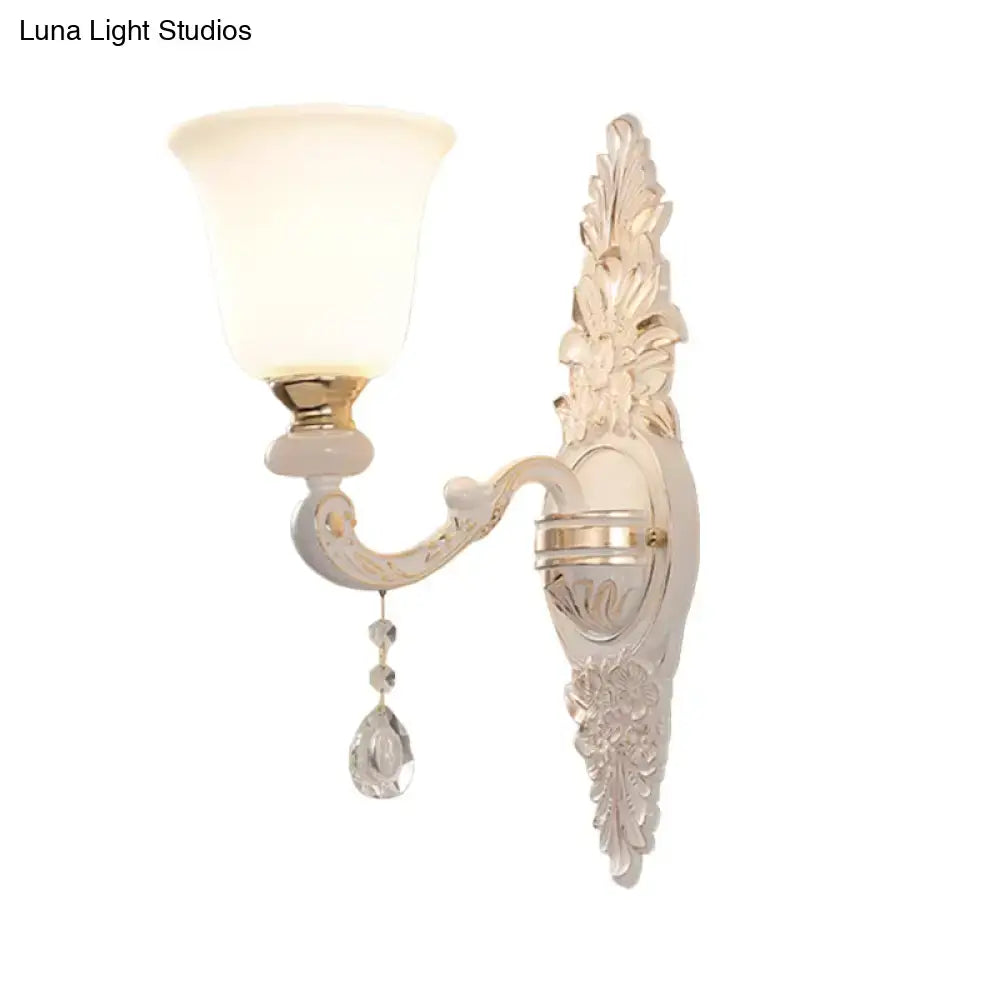 Traditional white glass wall lamp with crystal – bedroom sconce