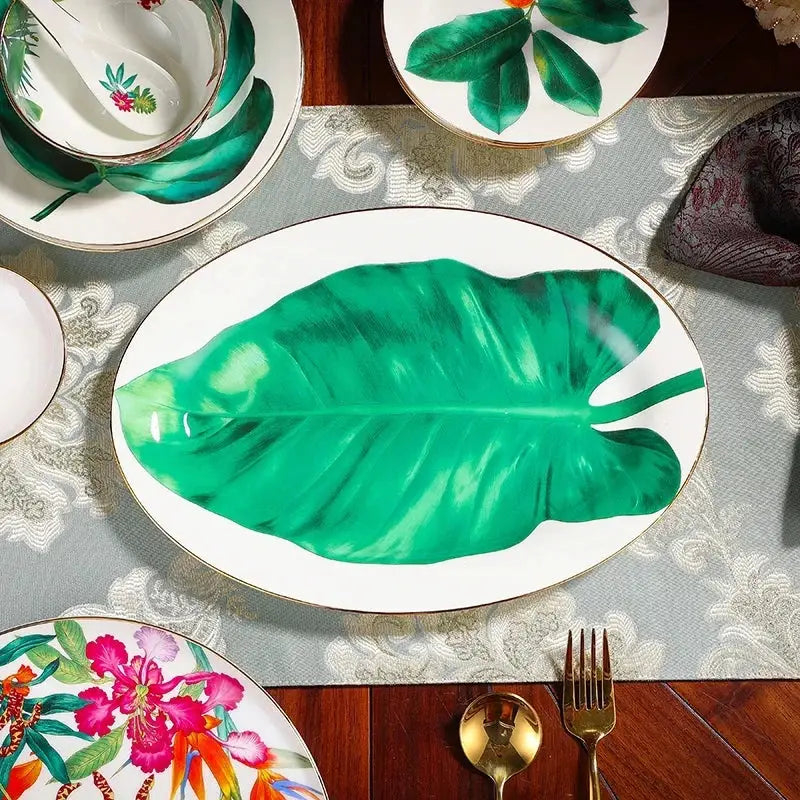 Tropical green & yellow leaf collection porcelain tea set dining room