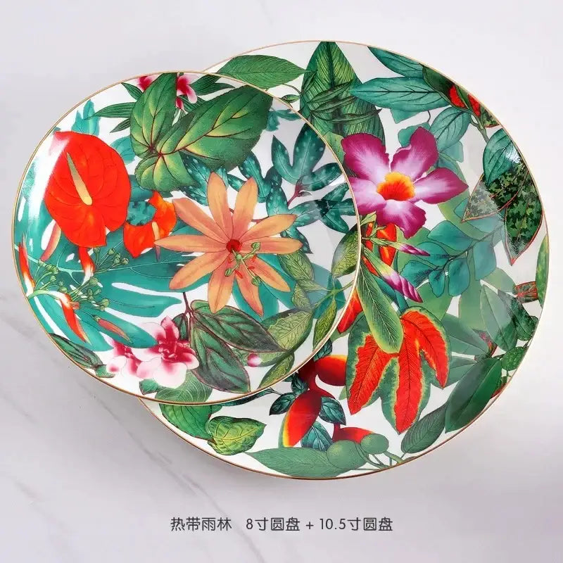 Tropical green & yellow leaf collection porcelain tea set dining room