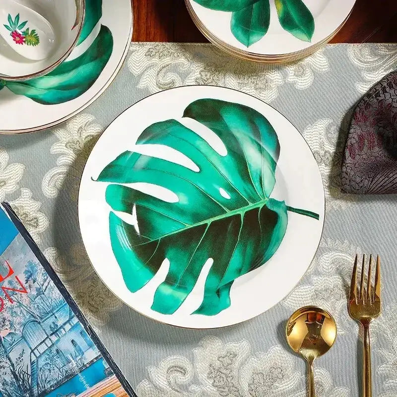 Tropical green & yellow leaf collection porcelain tea set dining room