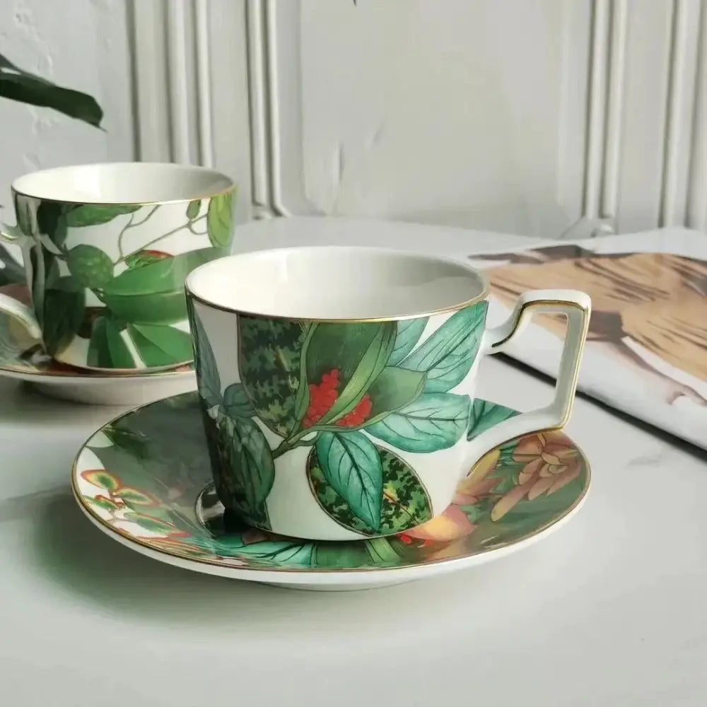 Tropical green & yellow leaf collection porcelain tea set dining room
