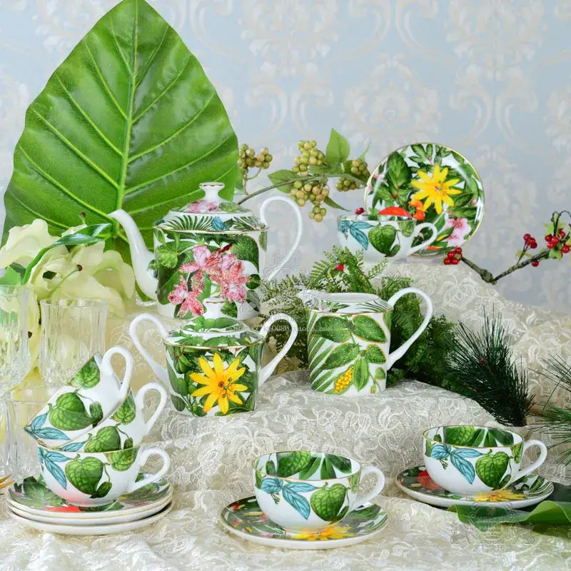 Tropical green & yellow leaf collection porcelain tea set dining room