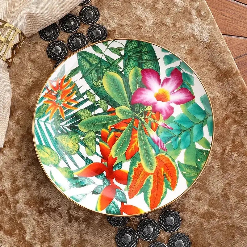 Tropical green & yellow leaf collection porcelain tea set dining room