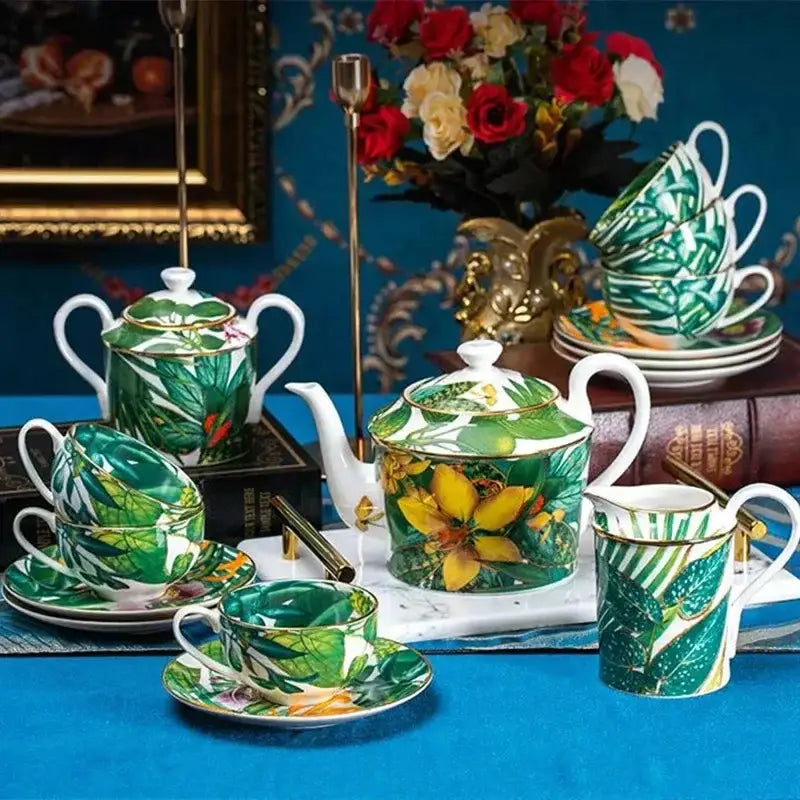 Tropical green & yellow leaf collection porcelain tea set dining room