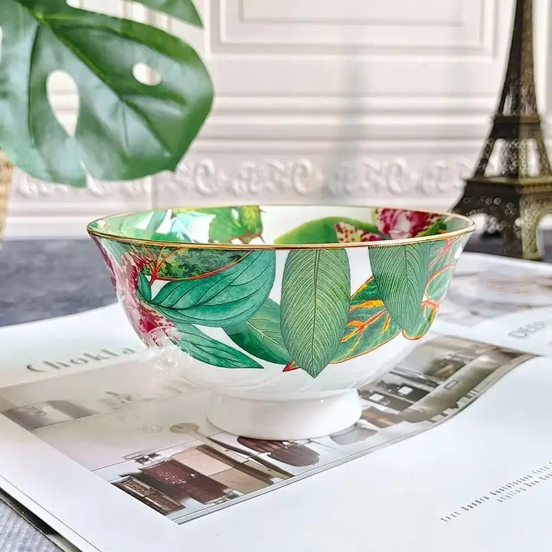 Tropical green & yellow leaf collection porcelain tea set dining room