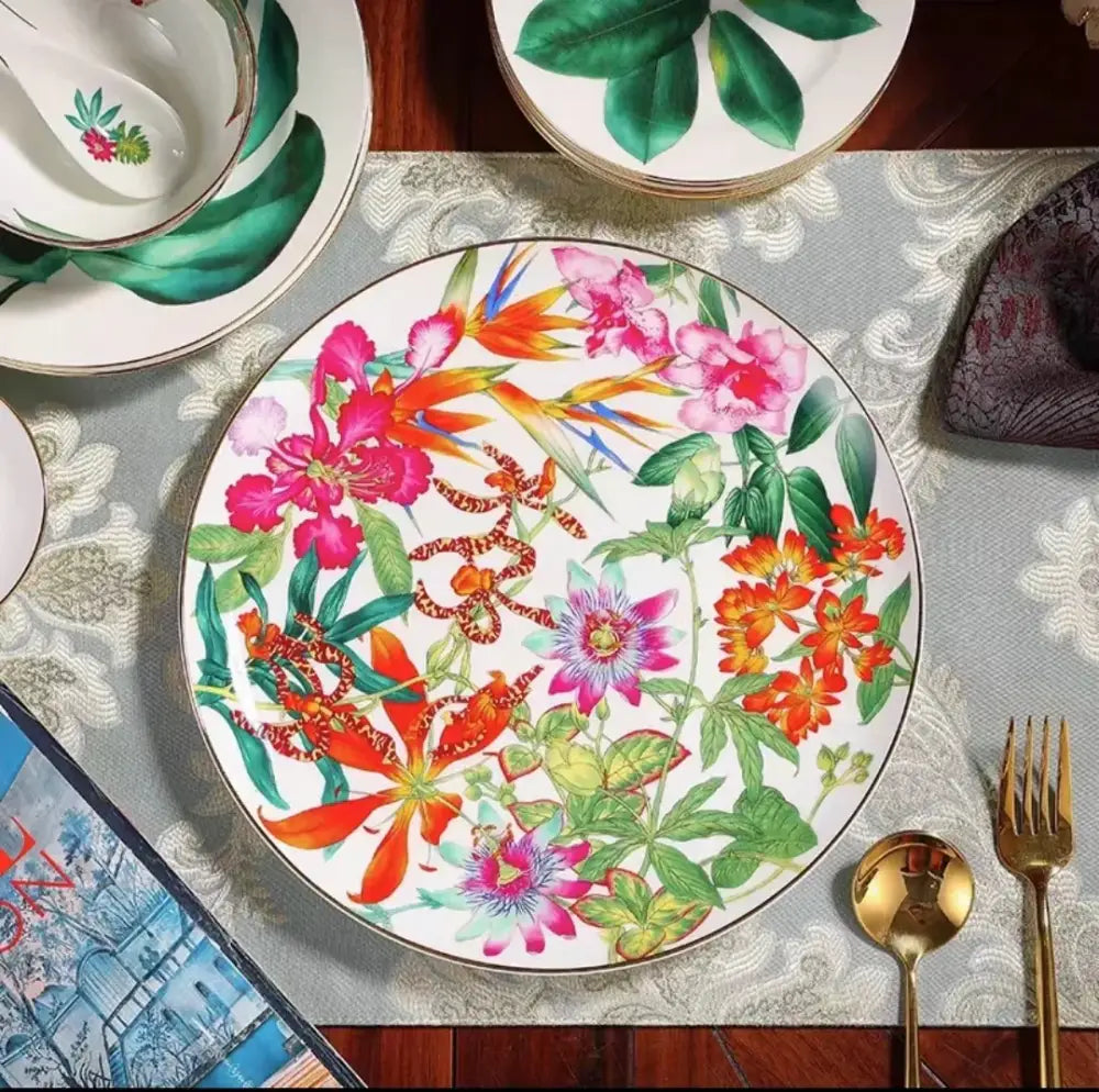 Tropical green & yellow leaf collection porcelain tea set dining room