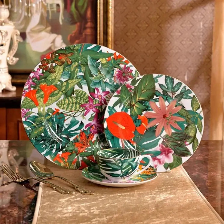 Tropical green & yellow leaf collection porcelain tea set dining room