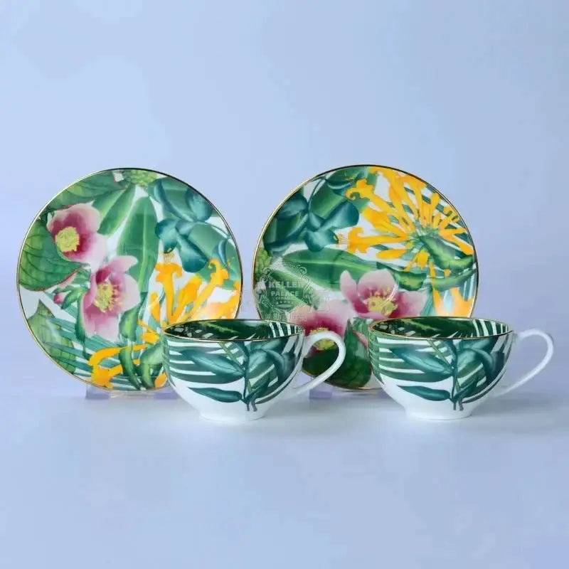 Tropical green & yellow leaf collection porcelain tea set dining room