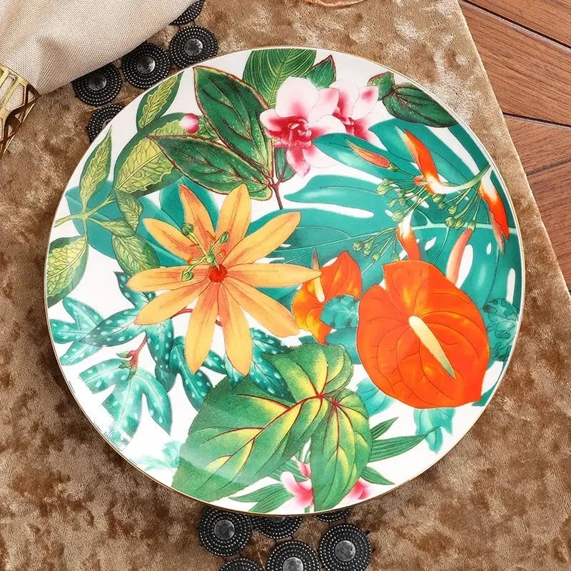 Tropical green & yellow leaf collection porcelain tea set dining room
