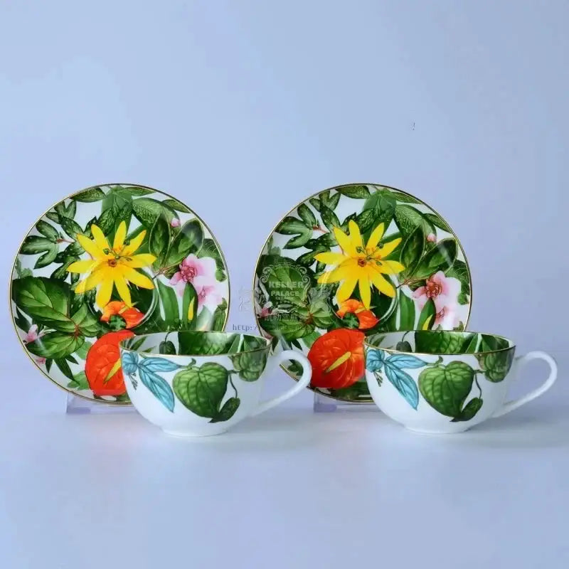 Tropical green & yellow leaf collection porcelain tea set dining room