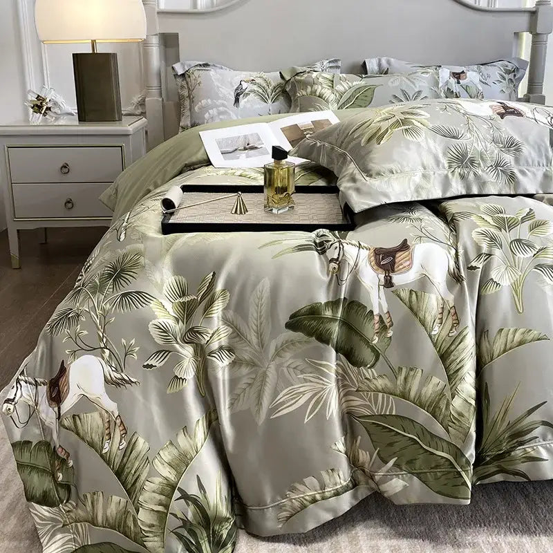 Tropical sage green printed faux silk bedding set bedroom comfort