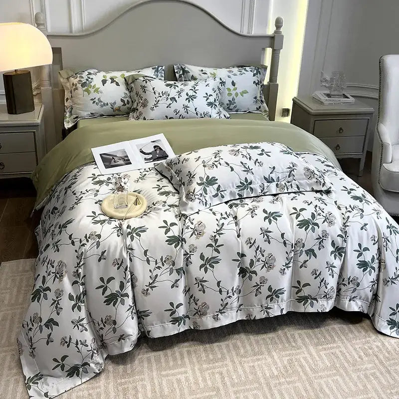 Tropical sage green printed faux silk bedding set bedroom comfort