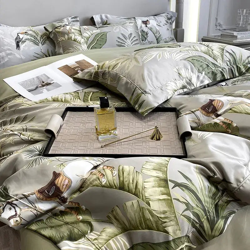 Tropical sage green printed faux silk bedding set bedroom comfort