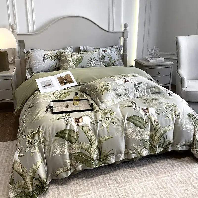 Tropical sage green printed faux silk bedding set bedroom comfort