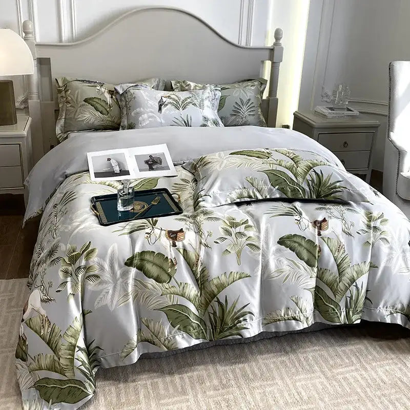 Tropical white horse ice silk plant bedding set bedroom comforter