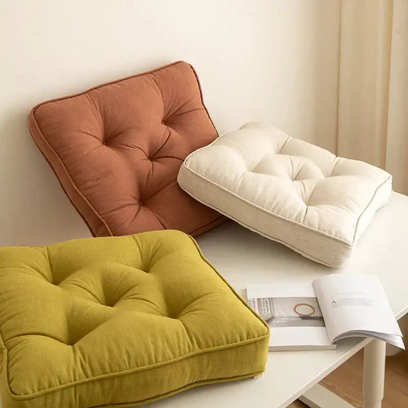Tufted button cushion in terracotta cream and olive for living room
