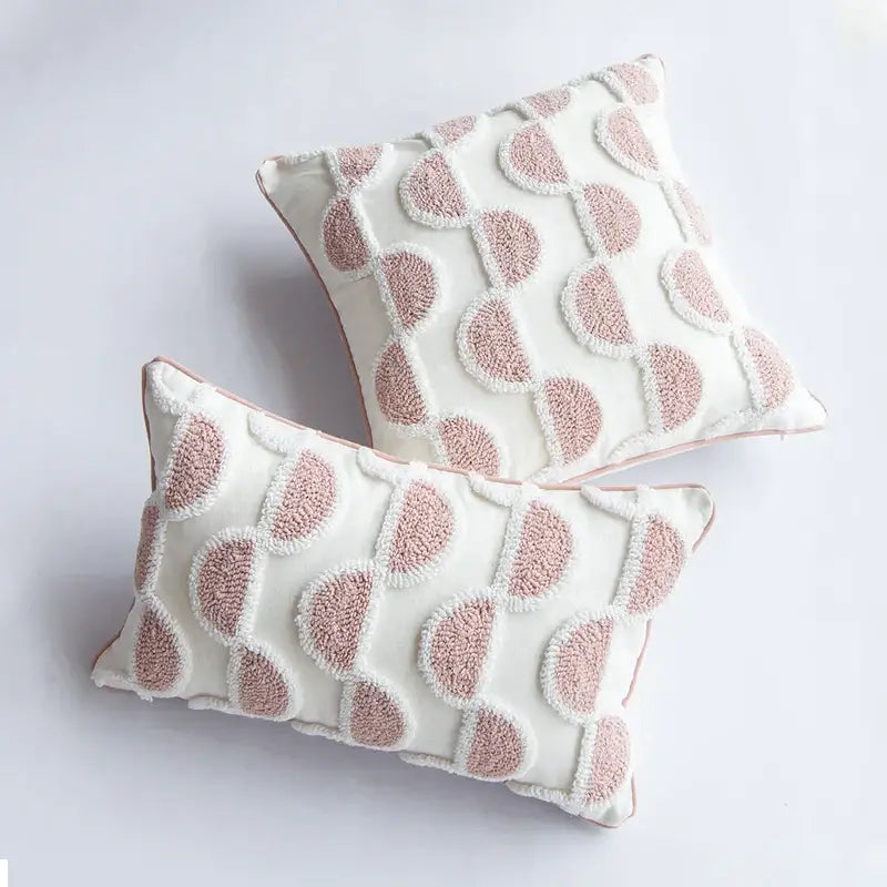 Tufted white & blush pink cotton loop cushion cover living room