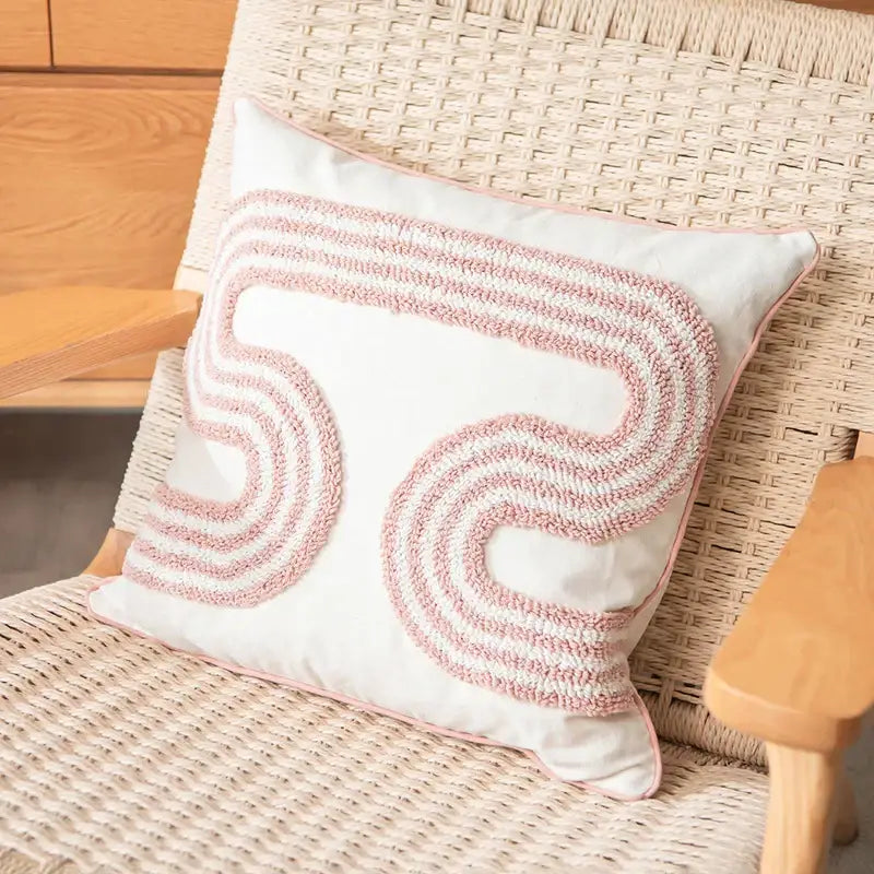 Tufted white & blush pink cotton loop cushion cover living room
