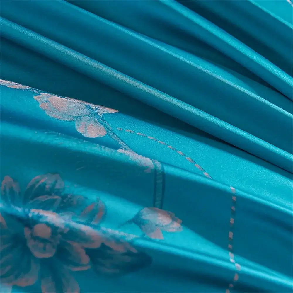 Turquoise blue satin jacquard embroidery bedding set for bedroom