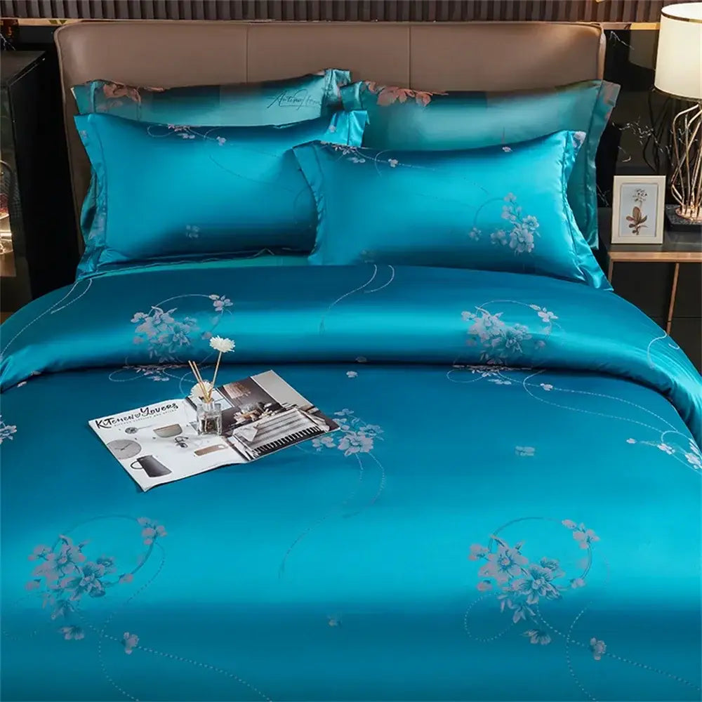 Turquoise blue satin jacquard embroidery bedding set for bedroom